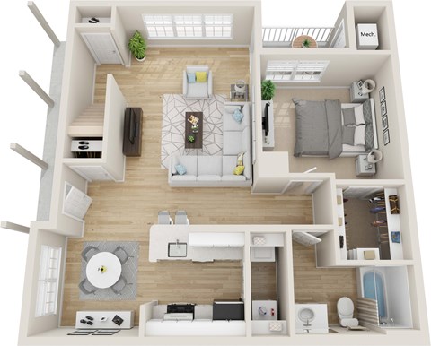 Floor plan for 1 bed, 1 bath, 827 sqft